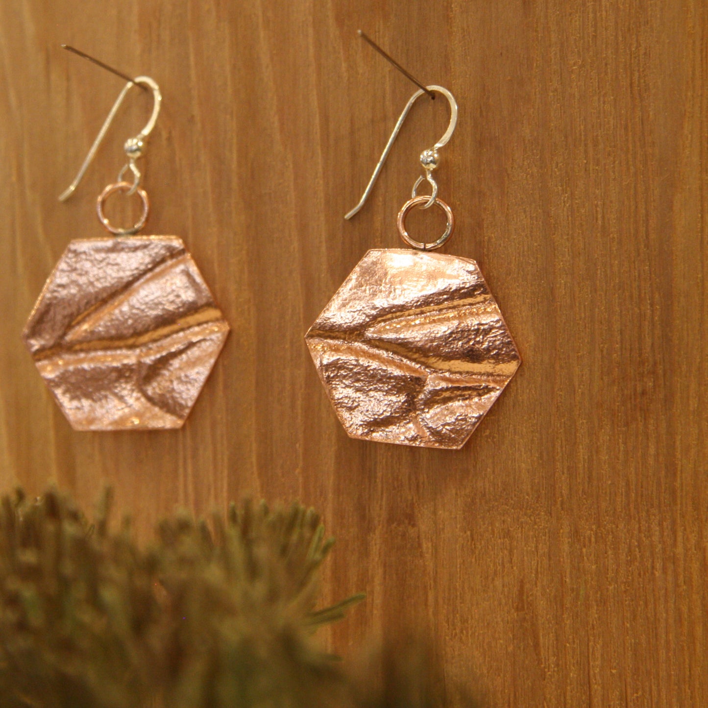 Copper Hexagon Impression Earrings